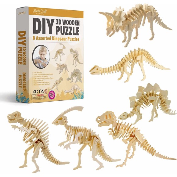 Hands Craft DIY 3D Wooden Puzzle 6 Assorted Dinosaur Puzzles Set Stem NEW Sealed - Picture 3 of 10